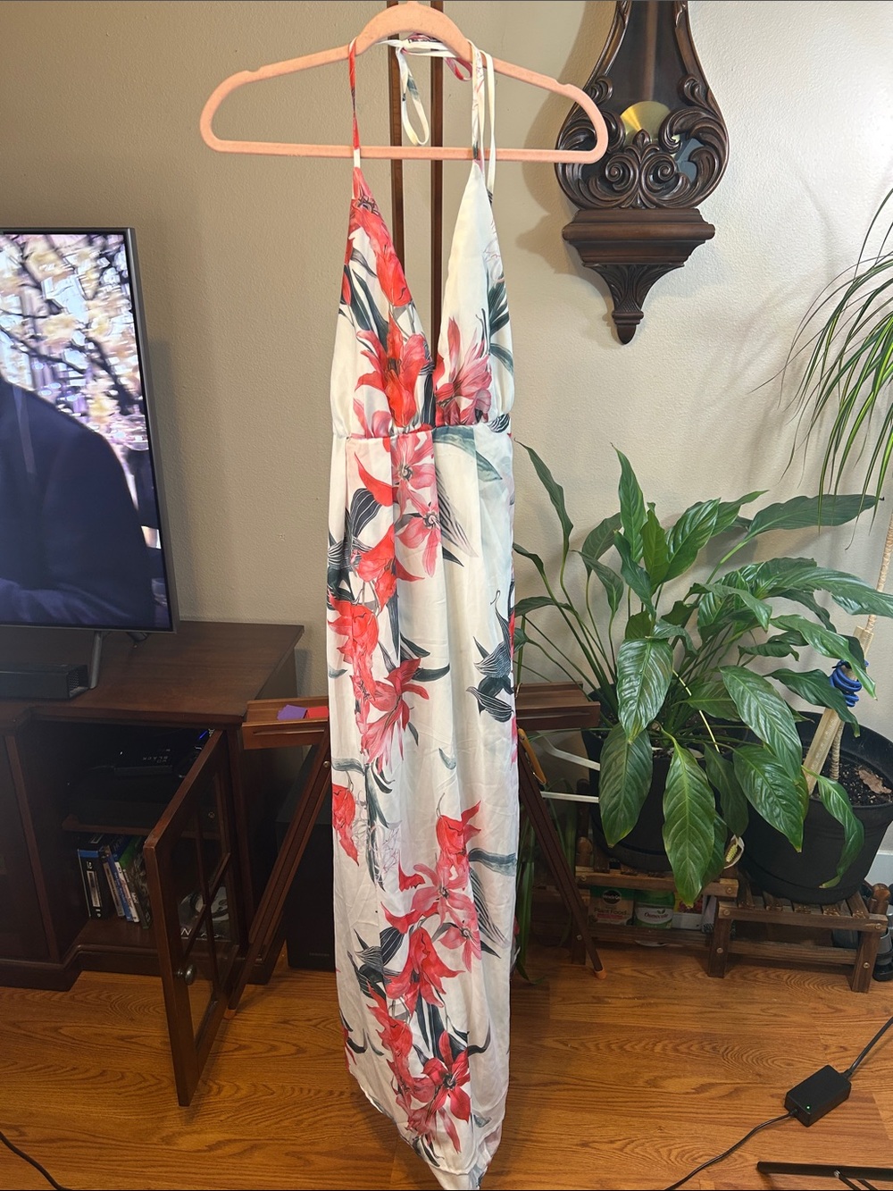 Simple White Maxi Dress with Coral Floral Halter